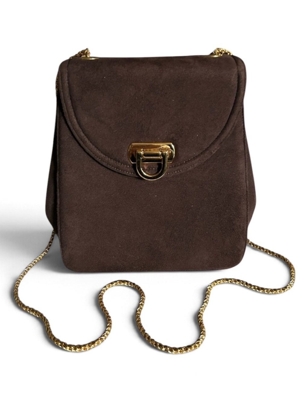Frenchy of California Vintage Brown Suede Leather Crossbody Bag with Gold Chain